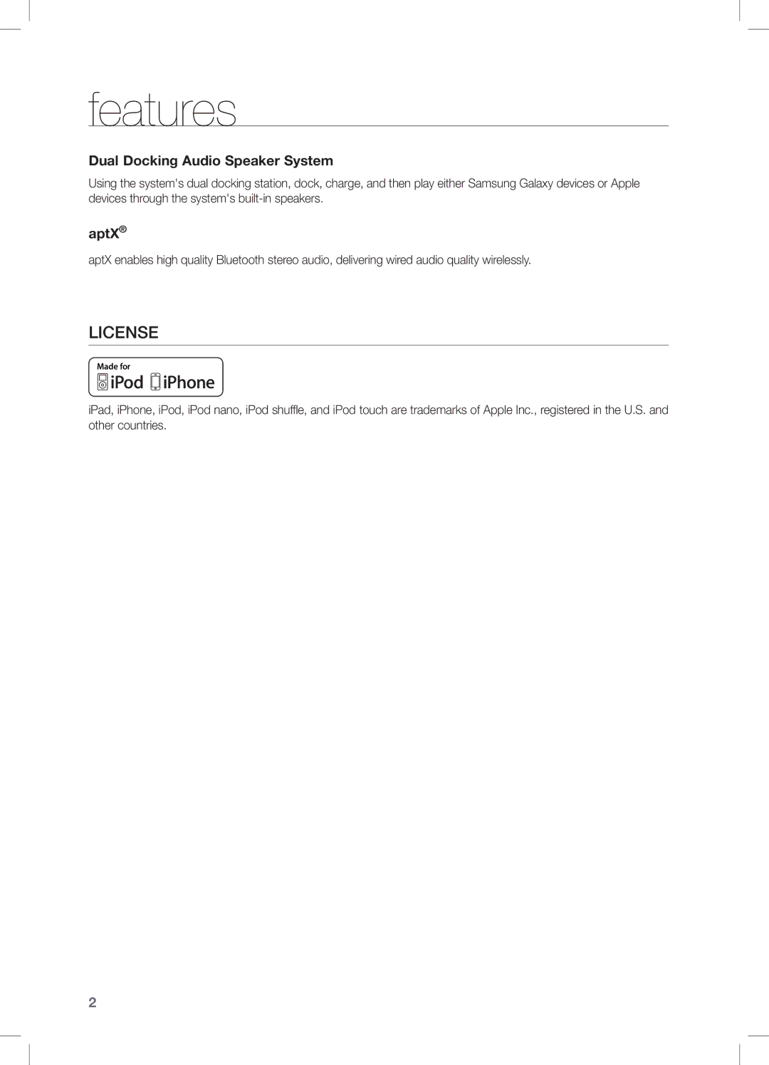 Samsung DA-E550/XN, DA-E550/TK, DA-E550/EN, DA-E550/ZF, DA-E550/UM, DA-E550/SJ Features, Dual Docking Audio Speaker System 