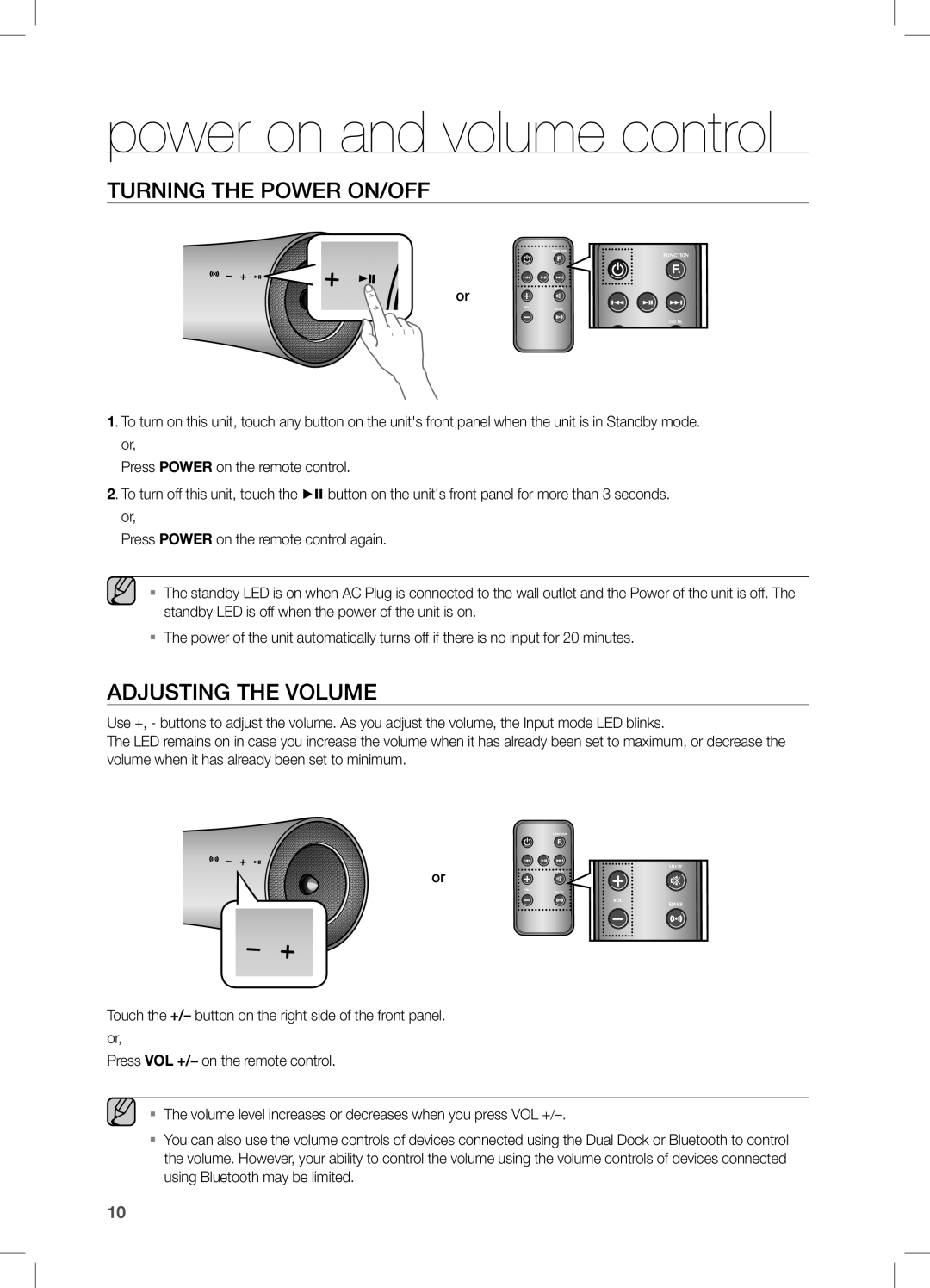 Samsung DA-E550/SJ, DA-E550/UM, DA-E550/ZN manual Power on and volume control, Turning the power on/off, Adjusting the volume 