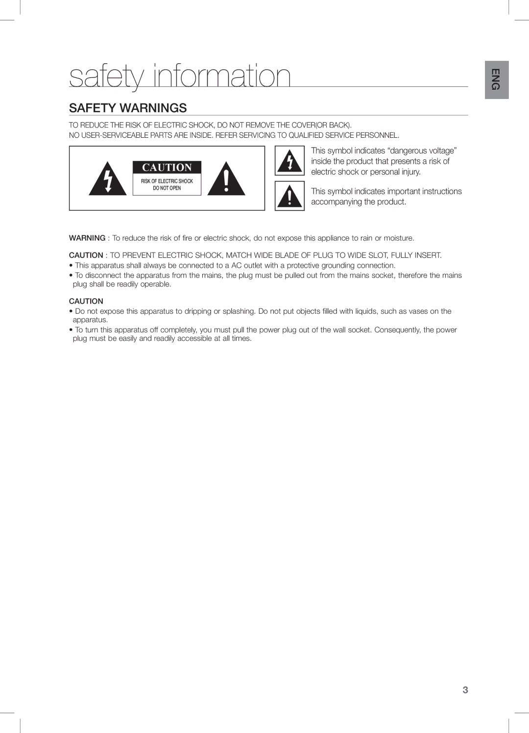 Samsung DA-E550/UM, DA-E550/SJ, DA-E550/ZN manual Safety information, Safety Warnings 