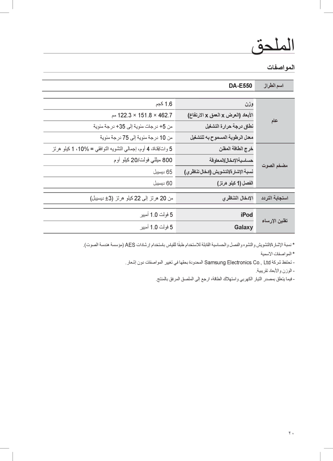 Samsung DA-E550/ZN, DA-E550/UM, DA-E550/SJ manual قحلملا, تافصاوملا 