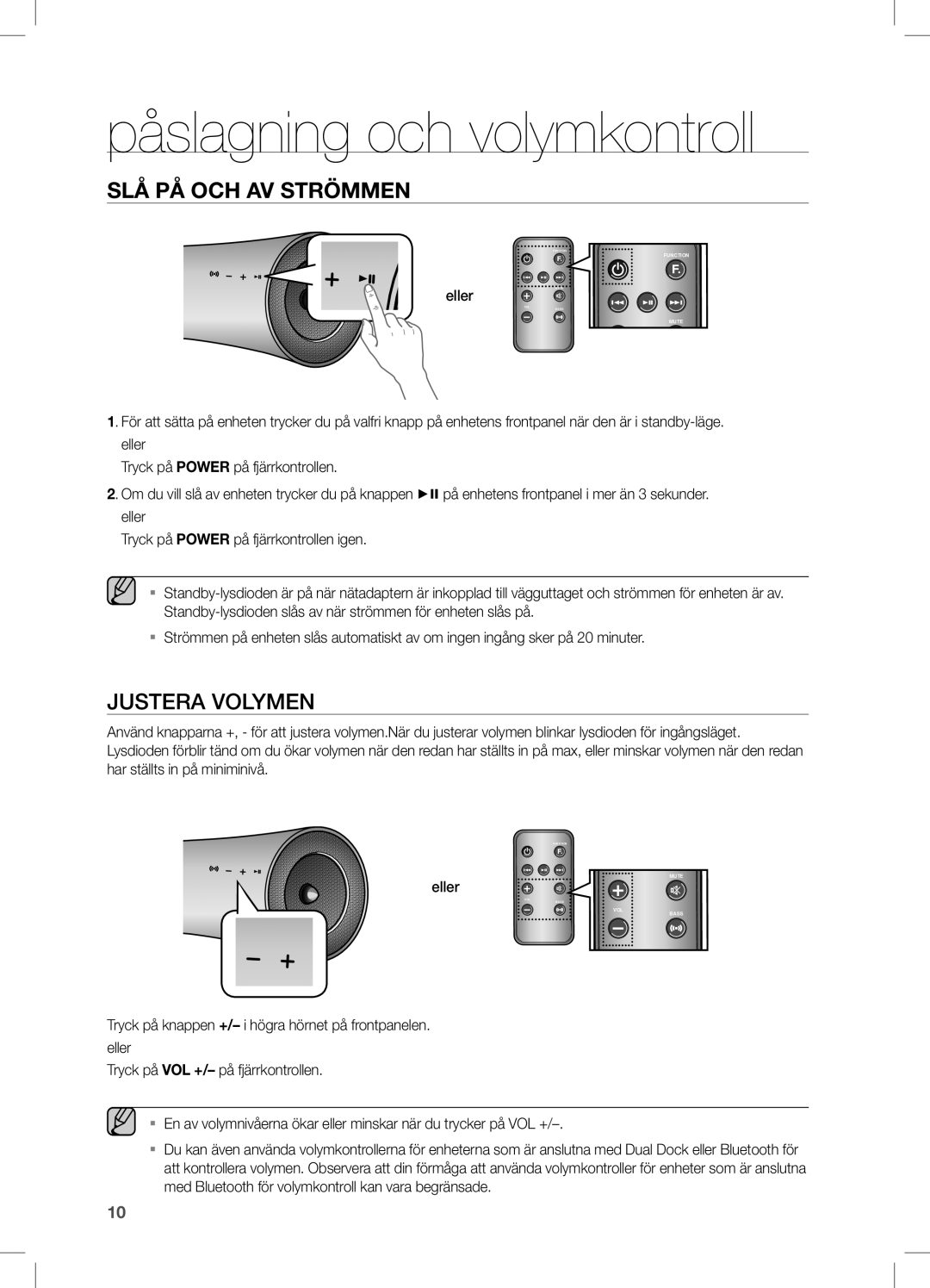 Samsung DA-E550/XE manual Påslagning och volymkontroll, Justera Volymen, Eller 