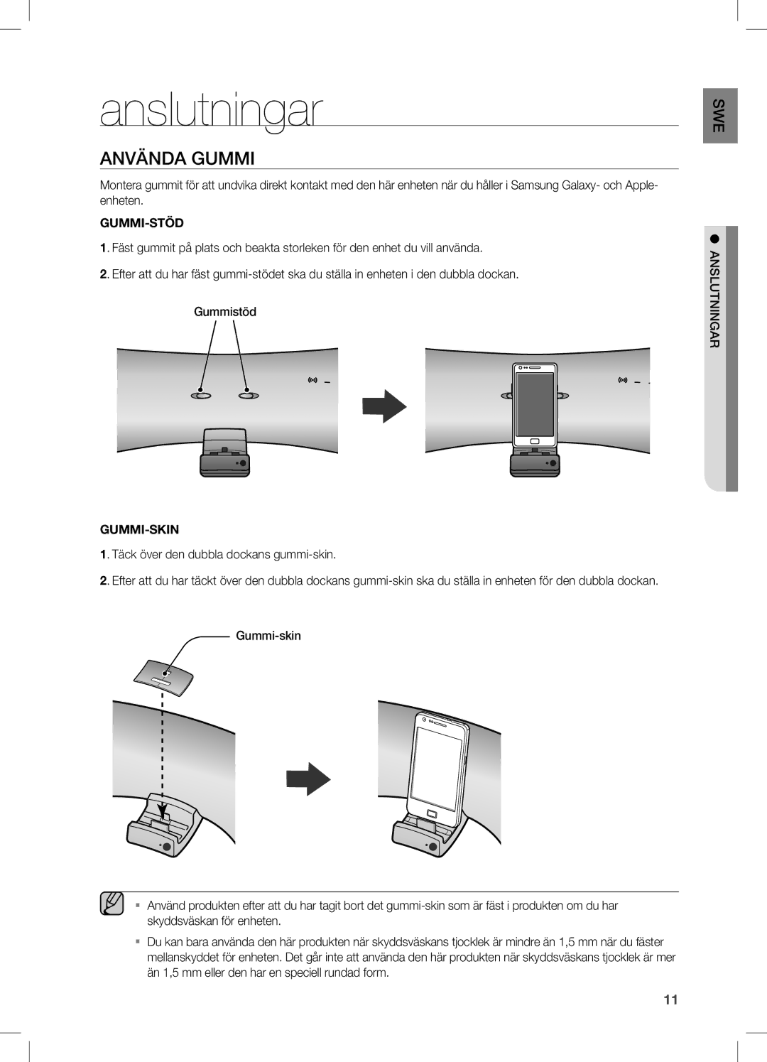 Samsung DA-E550/XE manual Anslutningar, Använda Gummi, Täck över den dubbla dockans gummi-skin 