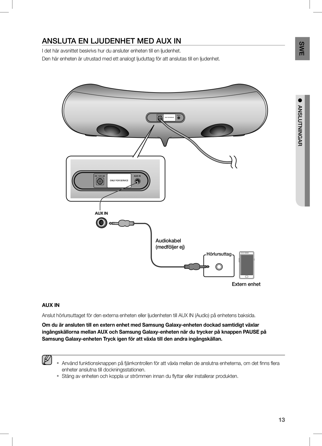 Samsung DA-E550/XE manual AnsLUTA en LJUdenHeT Med AUX, Extern enhet, ANsLUTNINGAR 