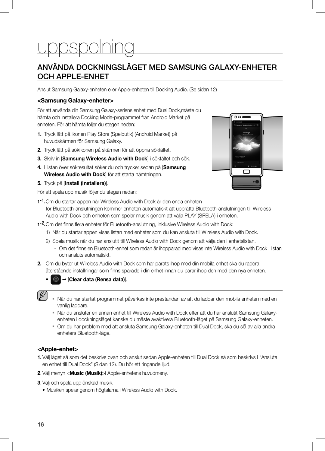 Samsung DA-E550/XE manual Uppspelning, Samsung Galaxy-enheter, Apple-enhet 