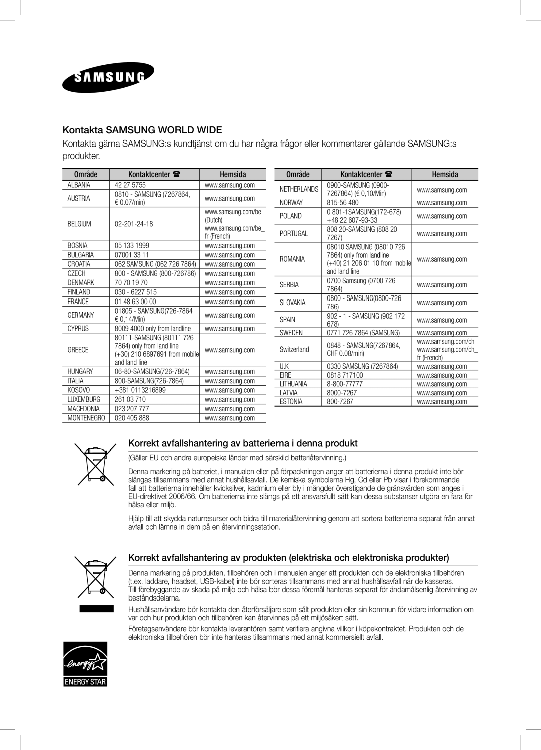 Samsung DA-E550/XE manual Korrekt avfallshantering av batterierna i denna produkt 