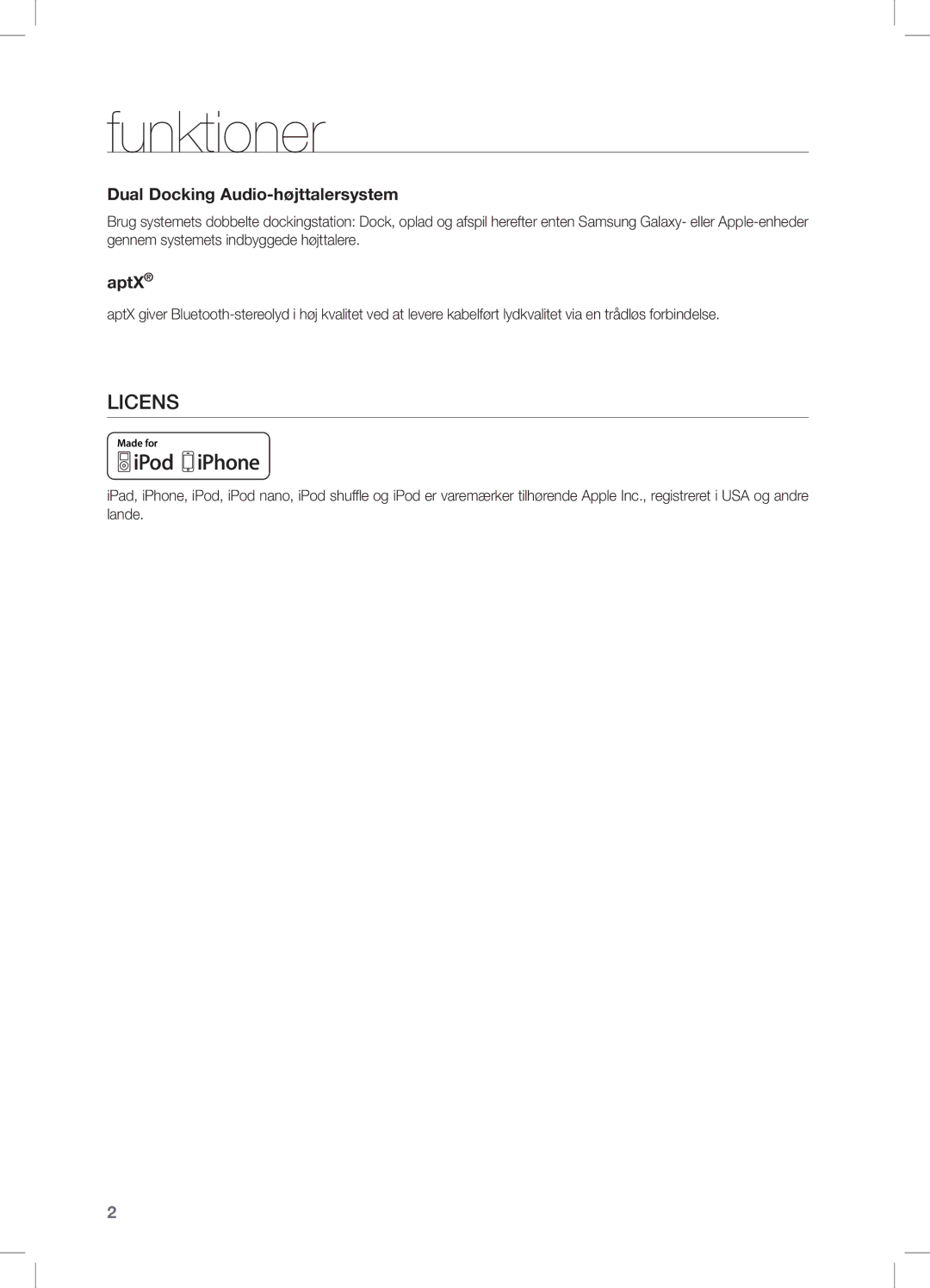 Samsung DA-E550/XE manual Funktioner, Dual Docking Audio-højttalersystem 