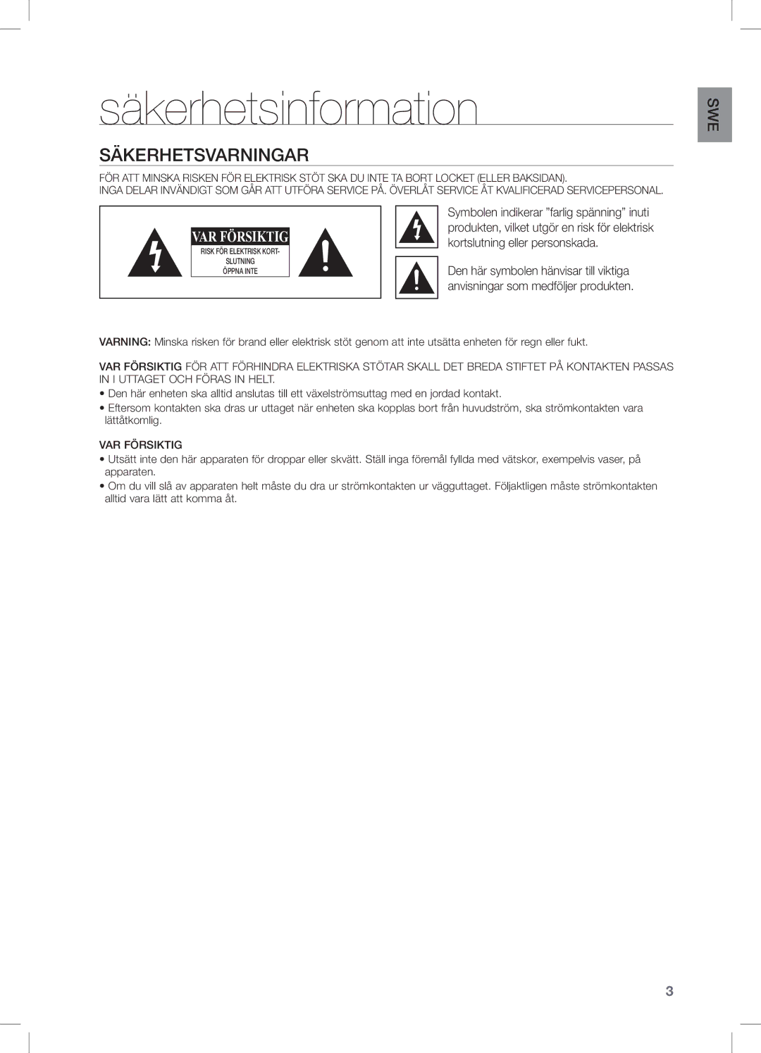 Samsung DA-E550/XE manual Säkerhetsinformation, Säkerhetsvarningar, Kortslutning eller personskada 