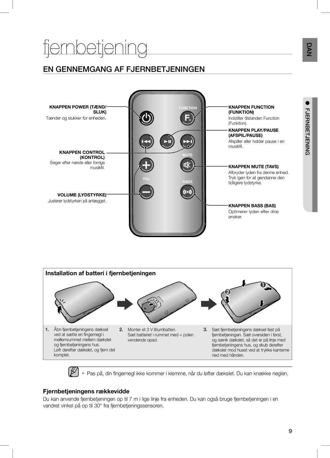 Samsung DA-E550/XE manual EN Gennemgang AF Fjernbetjeningen, Installation af batteri i fjernbetjeningen 