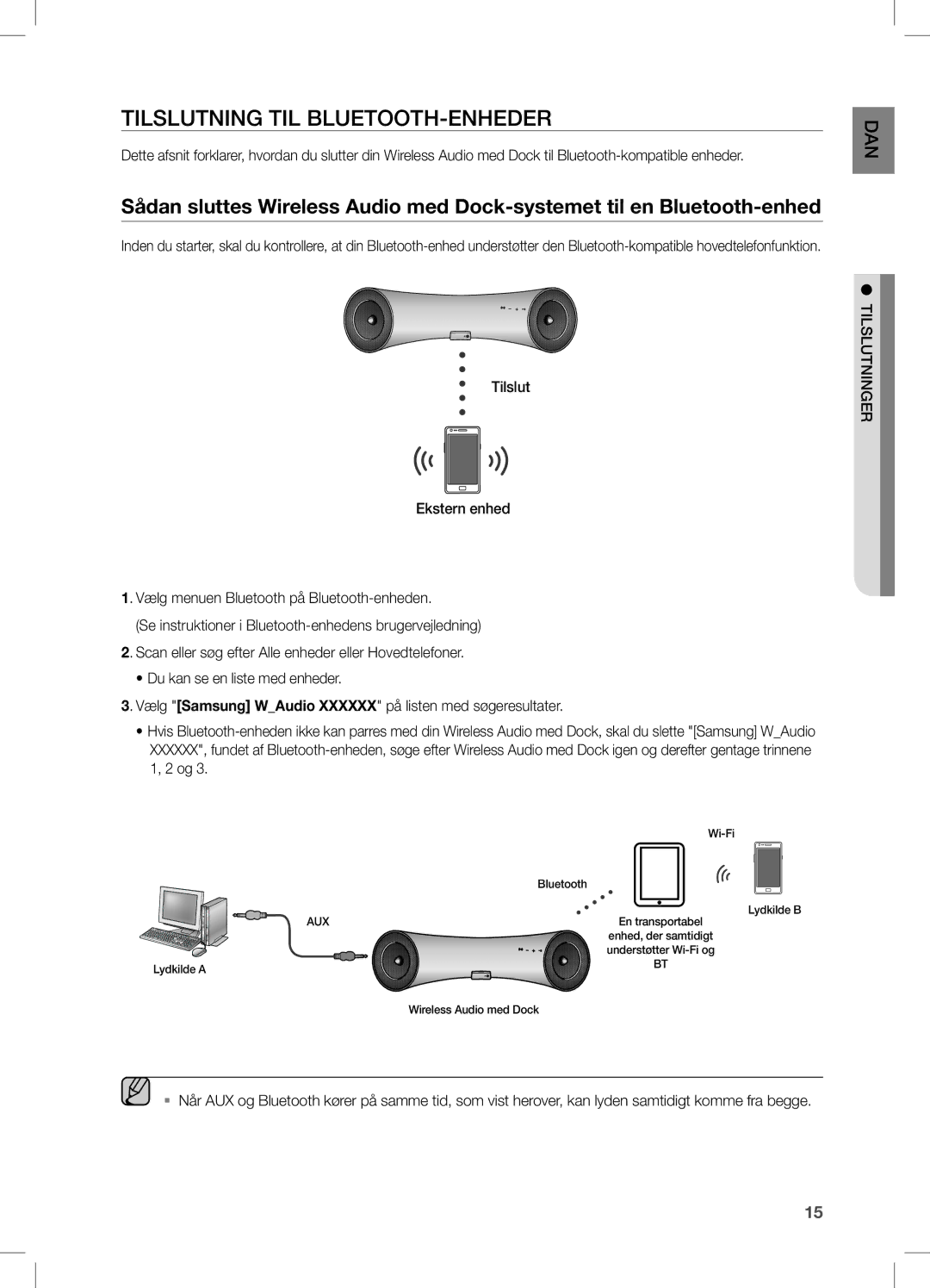 Samsung DA-E550/XE manual Tilslutning TIL BLUETOOTH-ENHEDER, Dan Ingern Tilslut 