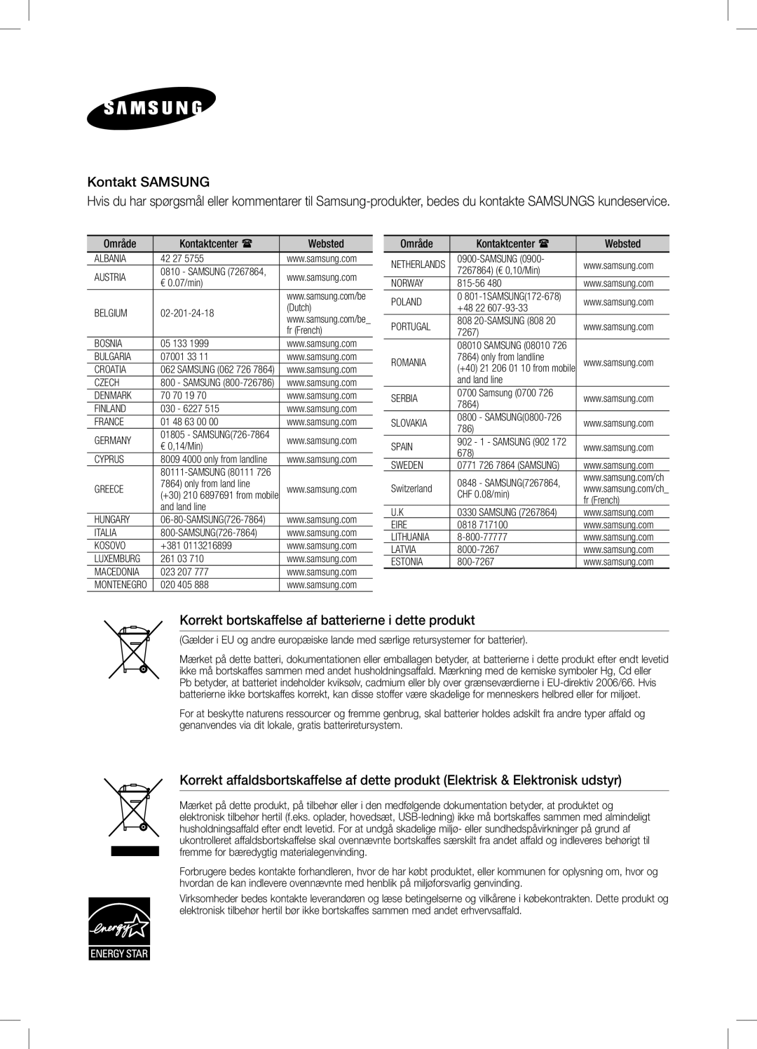 Samsung DA-E550/XE manual Korrekt bortskaffelse af batterierne i dette produkt 