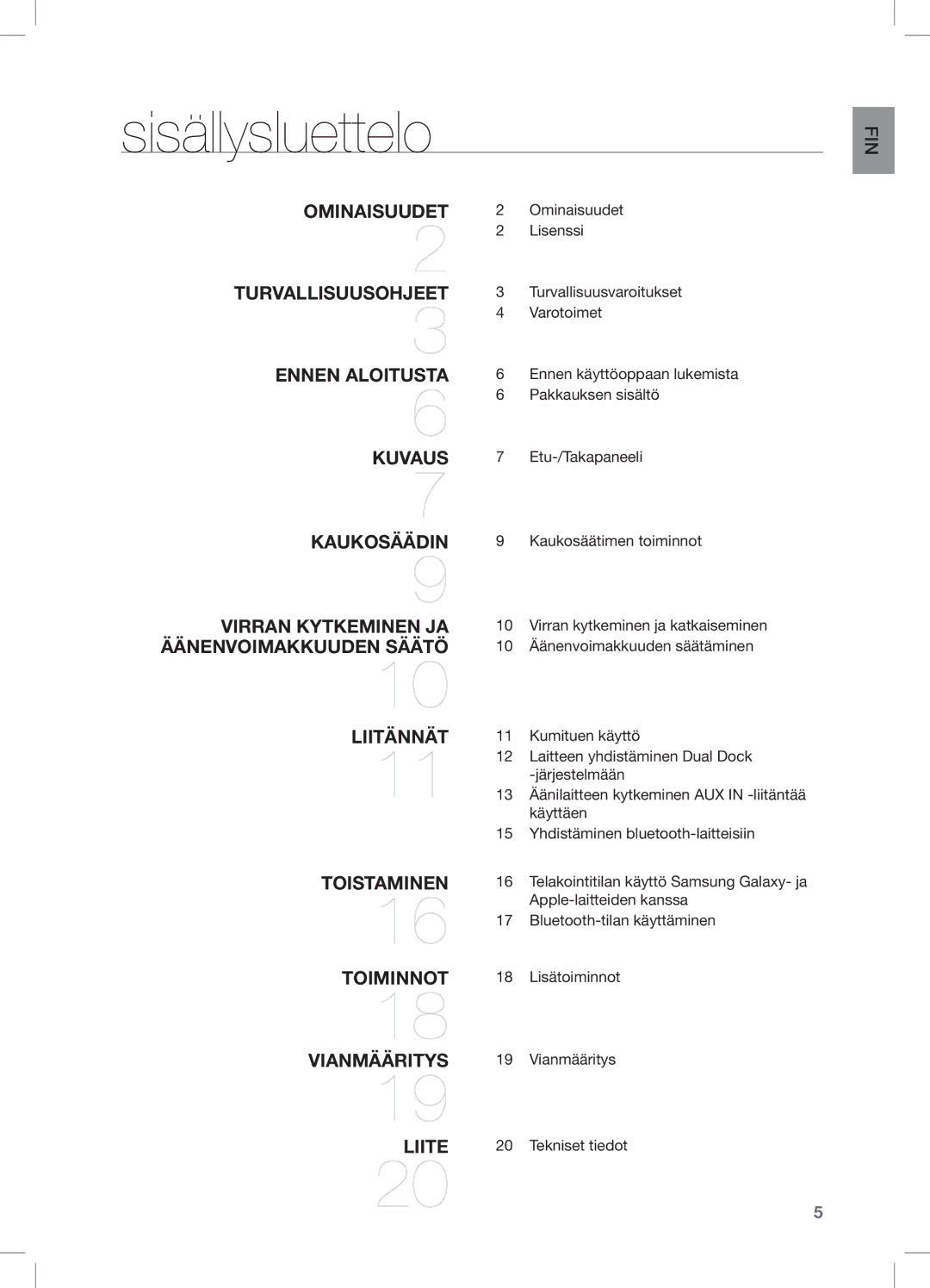 Samsung DA-E550/XE manual Sisällysluettelo 