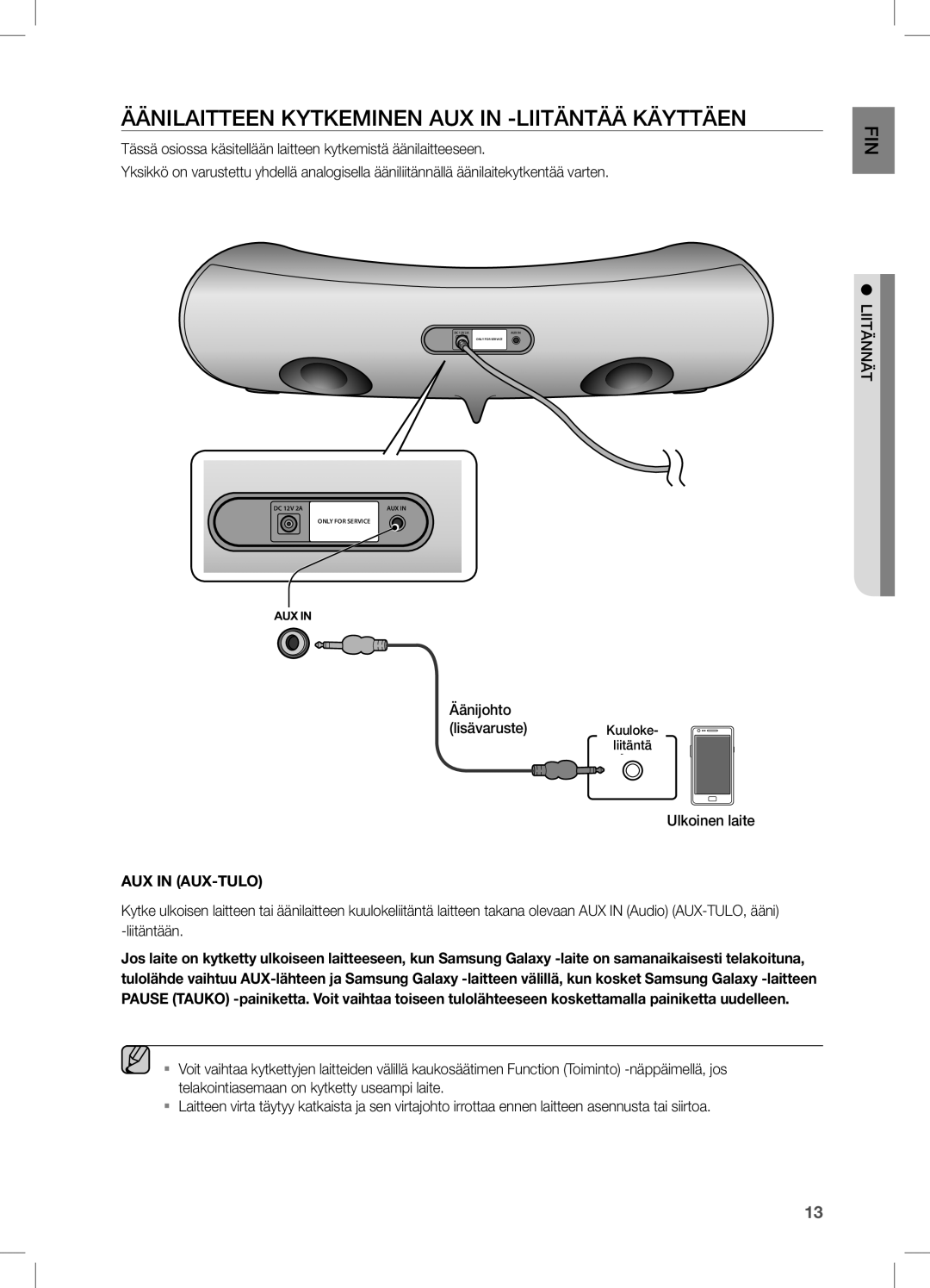 Samsung DA-E550/XE manual ÄÄniLAiTTeen KyTKeminen AUX in -LiiTÄnTÄÄ KÄyTTÄen, Äänijohto Lisävaruste Kuuloke, Ulkoinen laite 