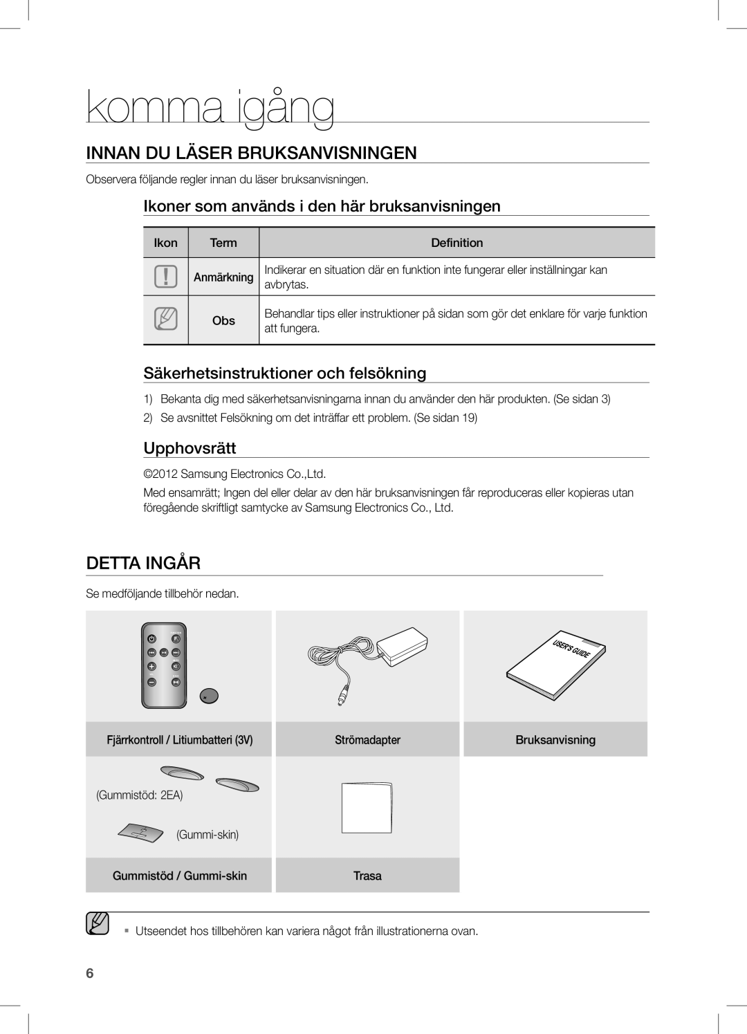 Samsung DA-E550/XE manual Komma igång, Innan du läser bruksanvisningen, Detta Ingår 