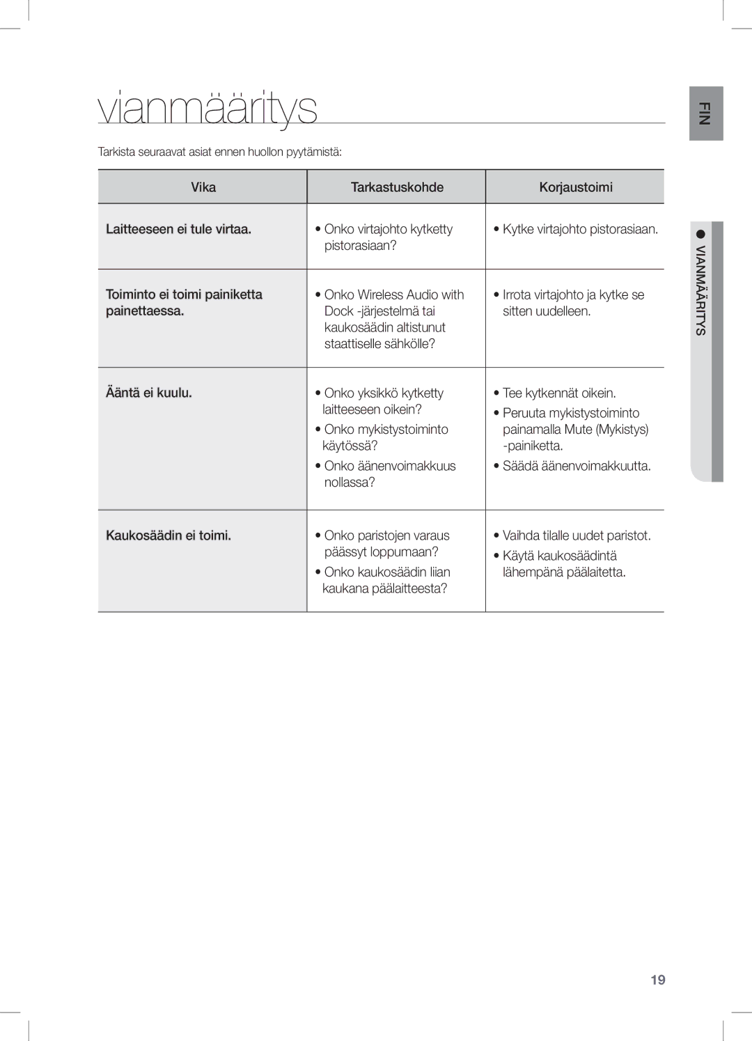 Samsung DA-E550/XE manual Vianmääritys 