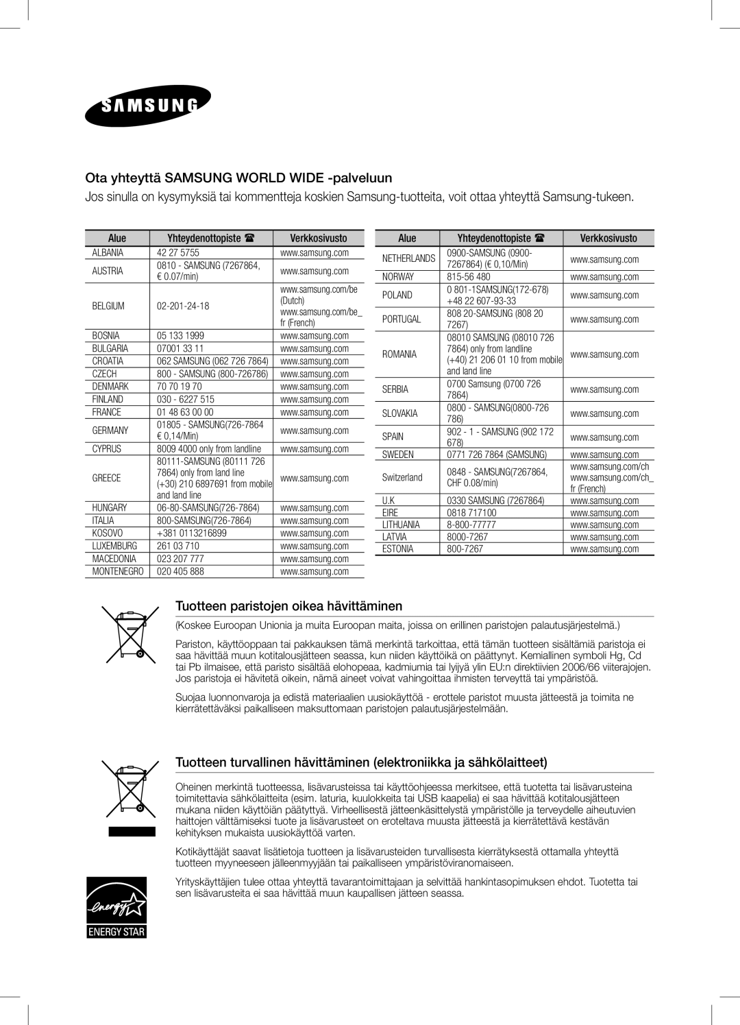 Samsung DA-E550/XE manual Tuotteen paristojen oikea hävittäminen 