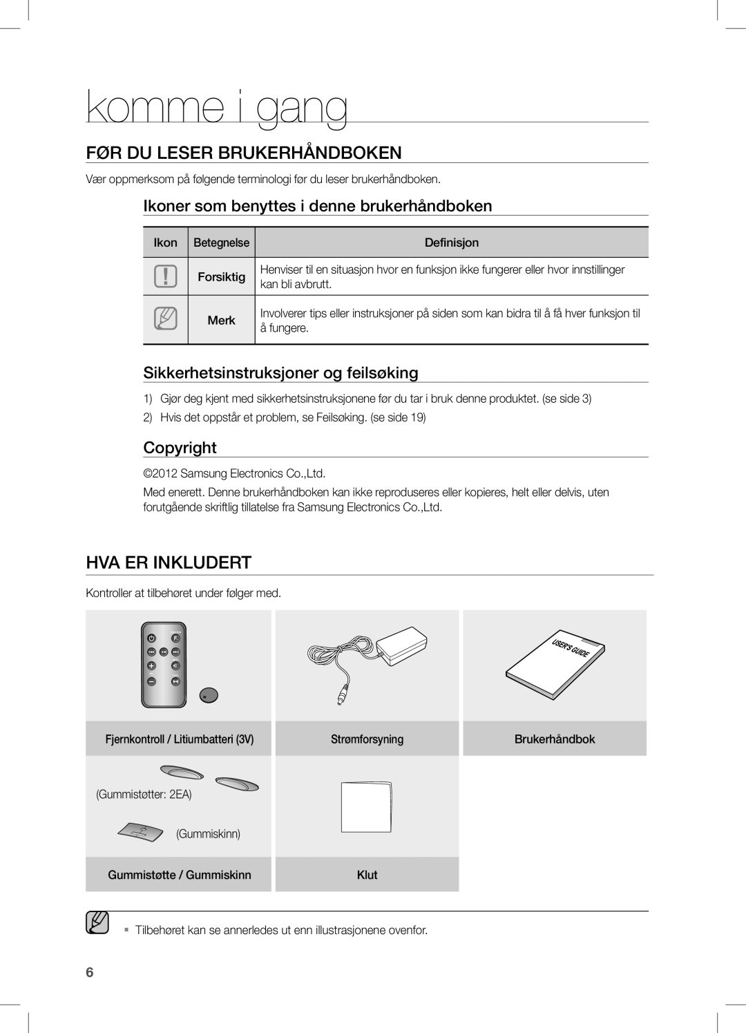 Samsung DA-E550/XE manual Komme i gang, Før du leser brukerhåndboken, HVA ER Inkludert 