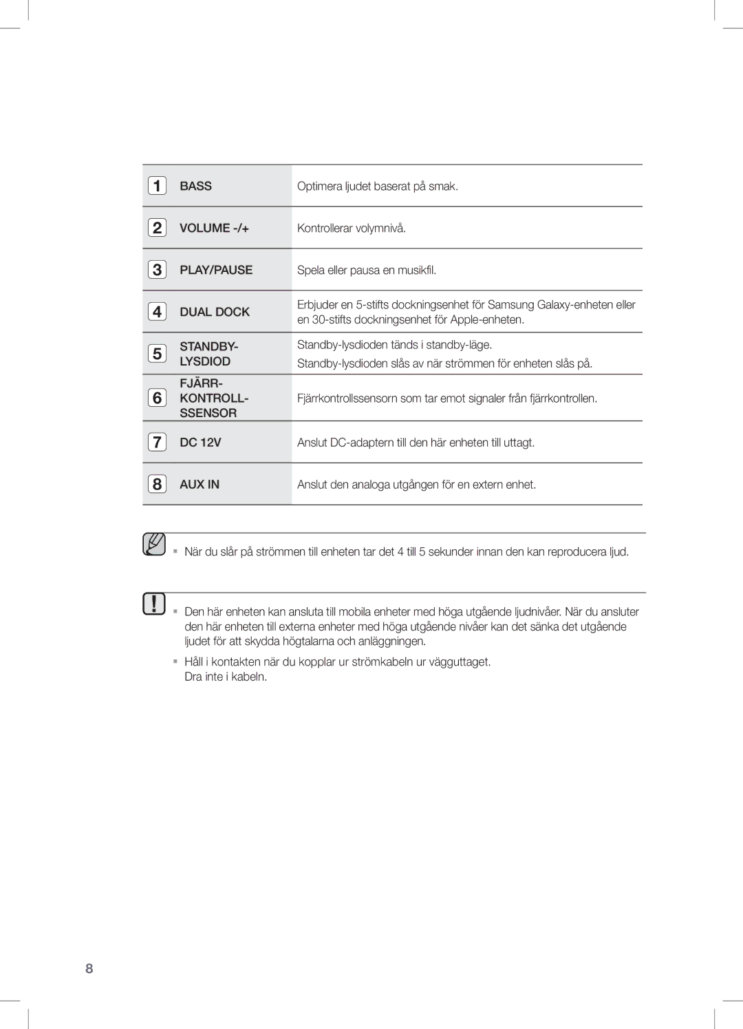 Samsung DA-E550/XE manual Optimera ljudet baserat på smak, Kontrollerar volymnivå, Spela eller pausa en musikfil 