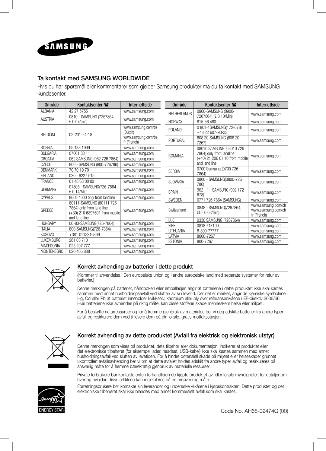 Samsung DA-E550/XE manual Code No. AH68-02474Q, Område Kontaktsenter  Internettside 