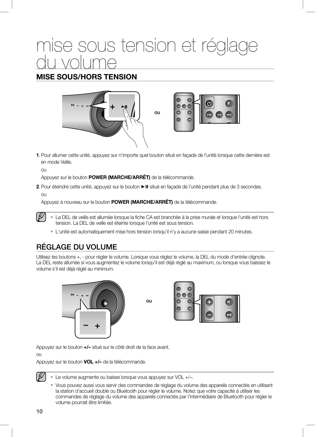 Samsung DA-E550/ZF manual Mise sous tension et réglage du volume, Réglage DU Volume 