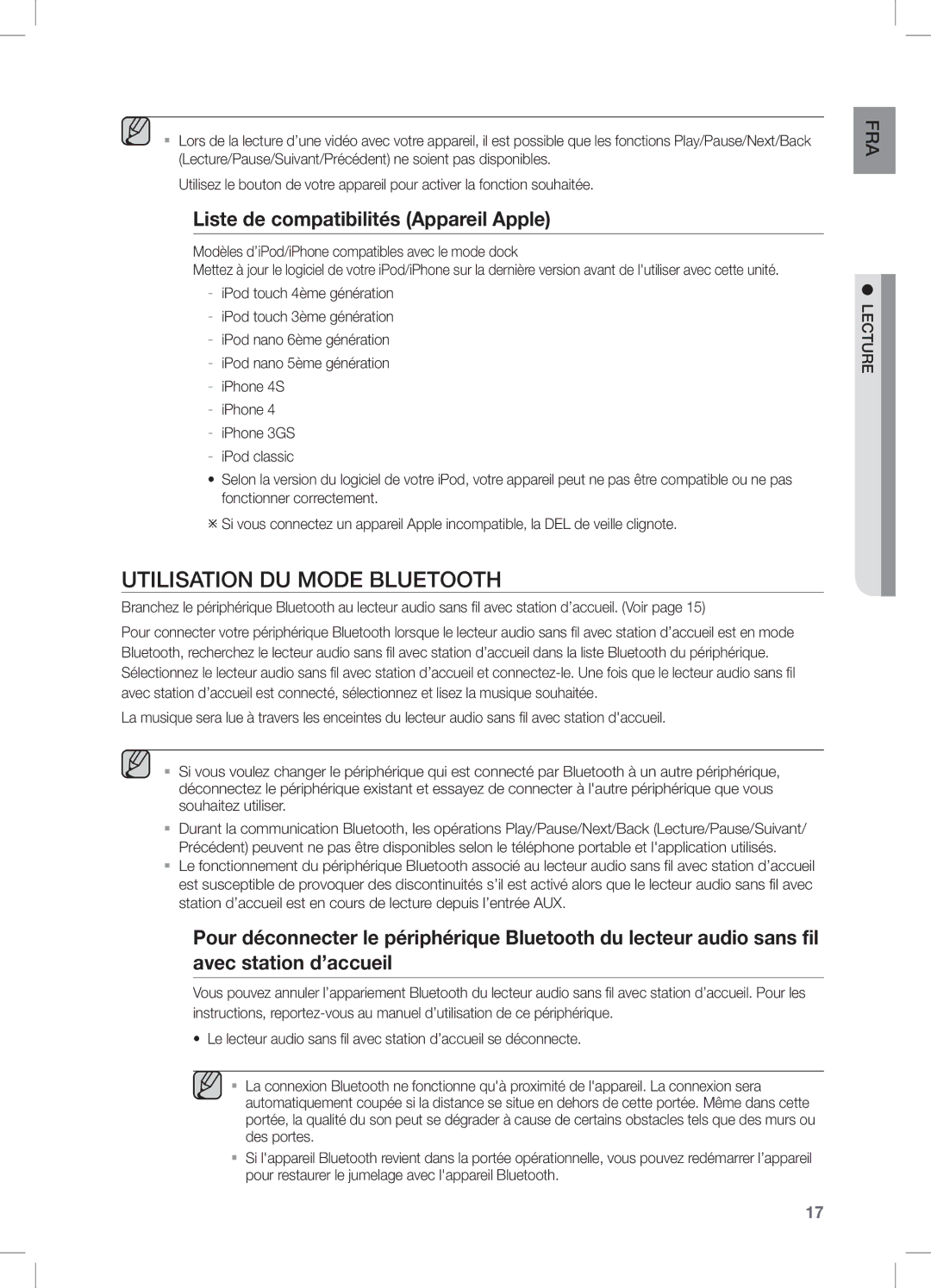 Samsung DA-E550/ZF manual Utilisation DU Mode Bluetooth, Liste de compatibilités Appareil Apple 