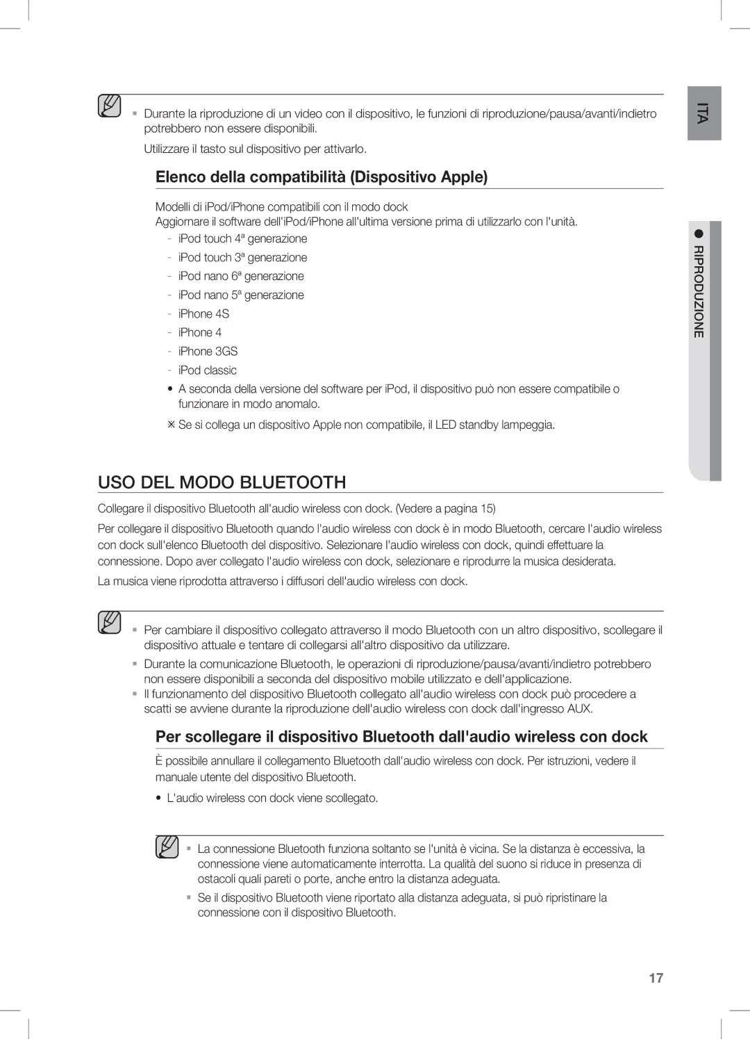 Samsung DA-E550/ZF manual USO DEL Modo Bluetooth, Elenco della compatibilità Dispositivo Apple 