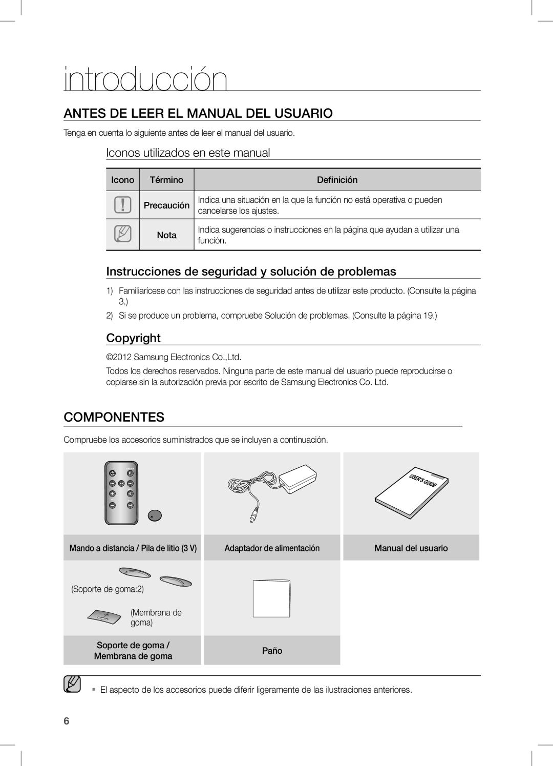 Samsung DA-E550/ZF manual Introducción, Antes de leer el Manual del usuario, Componentes 