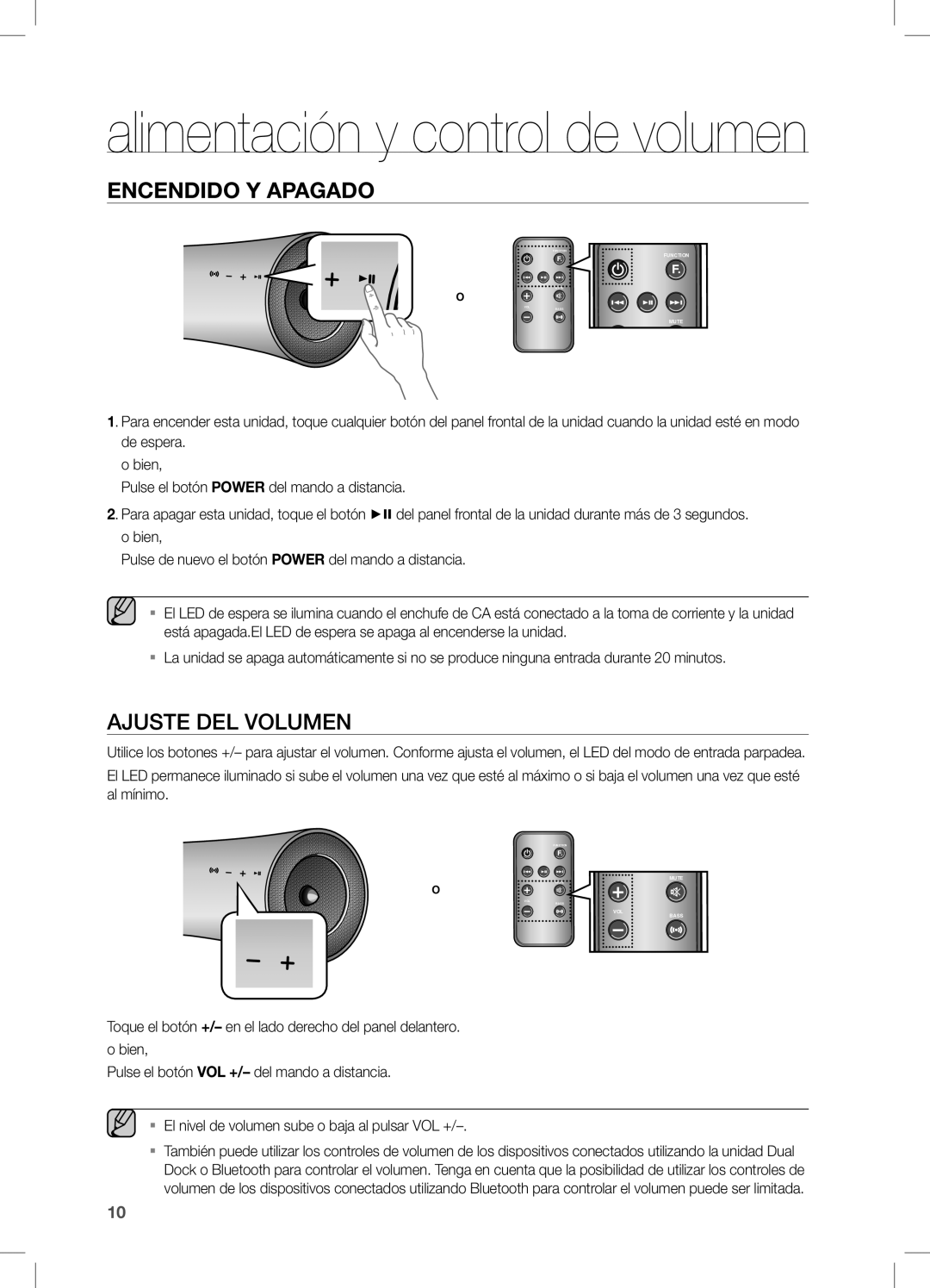 Samsung DA-E550/ZF manual Alimentación y control de volumen, Ajuste DEL Volumen 