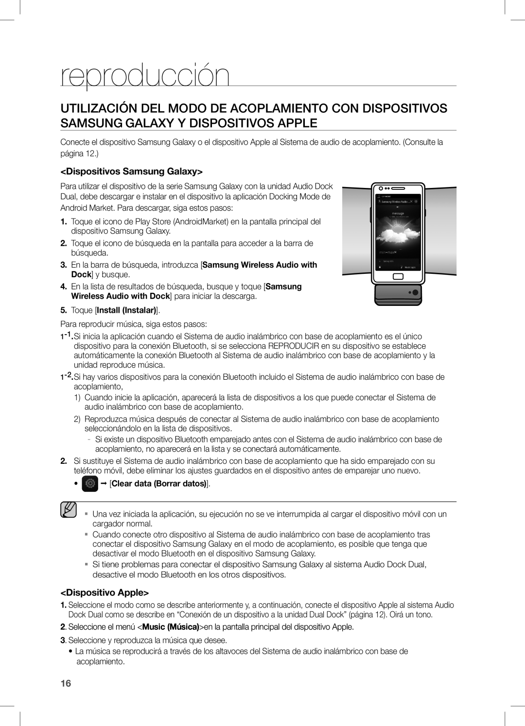 Samsung DA-E550/ZF manual Reproducción, Dispositivos Samsung Galaxy 