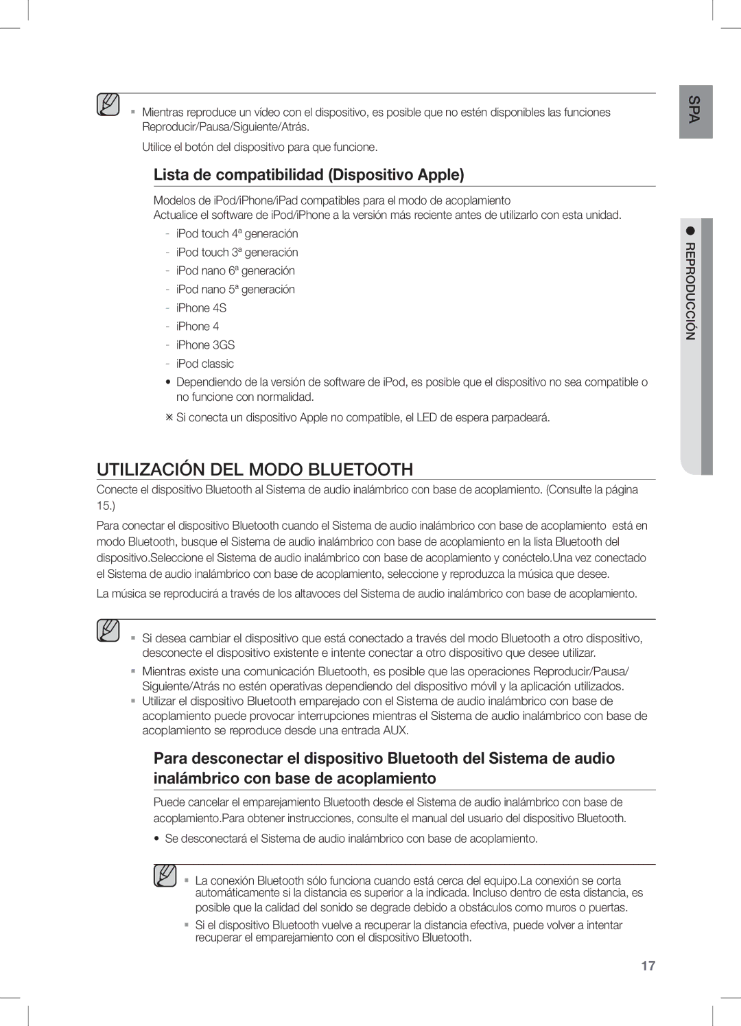 Samsung DA-E550/ZF manual Utilización DEL Modo Bluetooth, Lista de compatibilidad Dispositivo Apple 