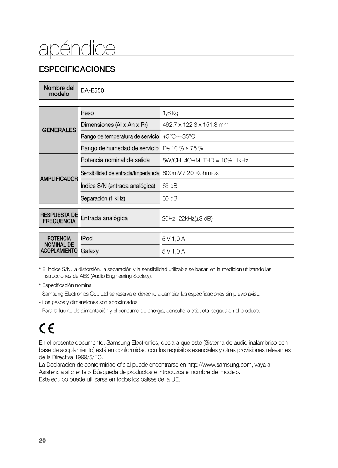 Samsung DA-E550/ZF manual Apéndice, Especificaciones 