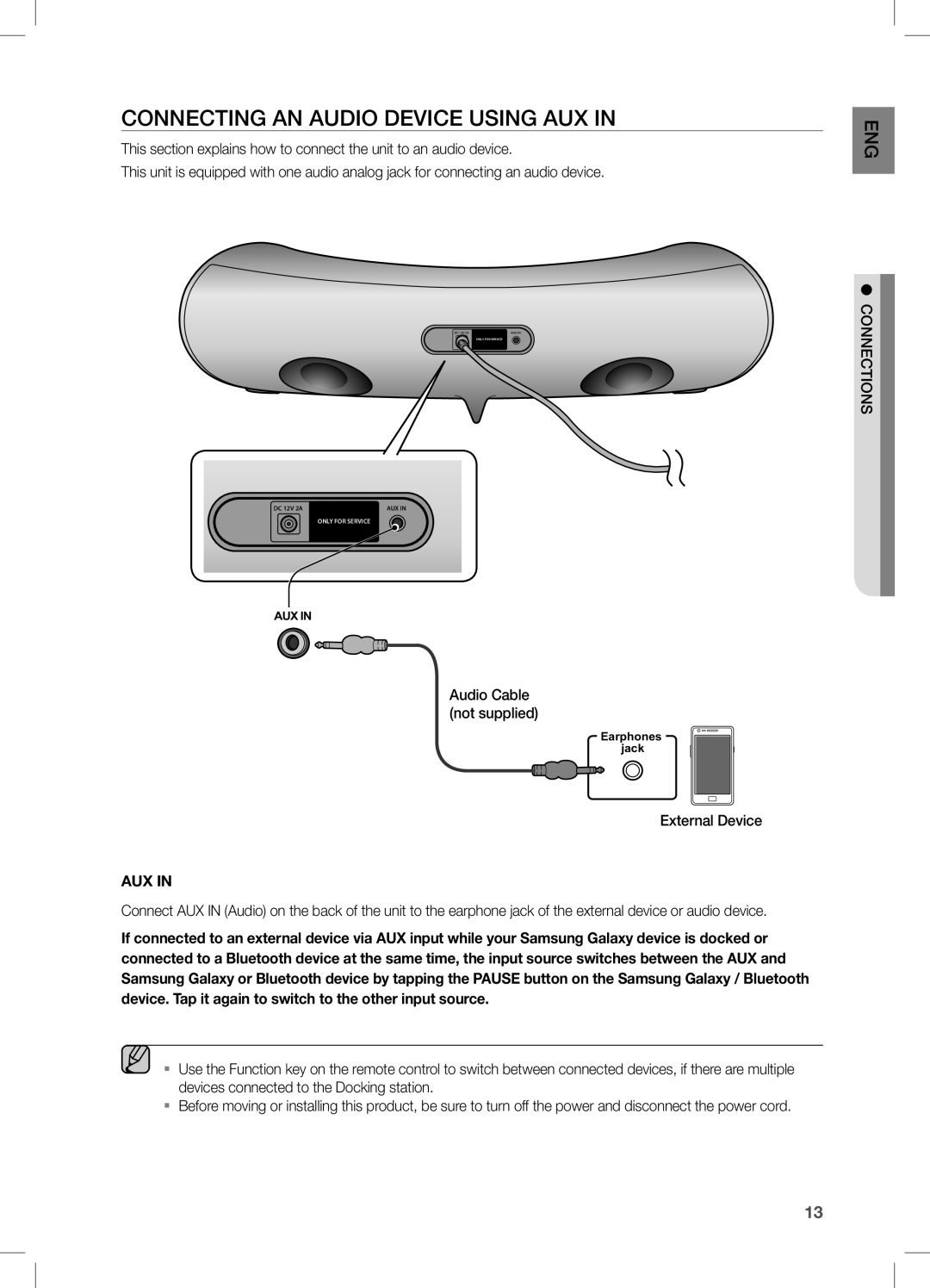 Samsung DA-E560/ZN, DA-E560/UM manual COnneCting an aUDiO DeViCe USing aUX, AuX 