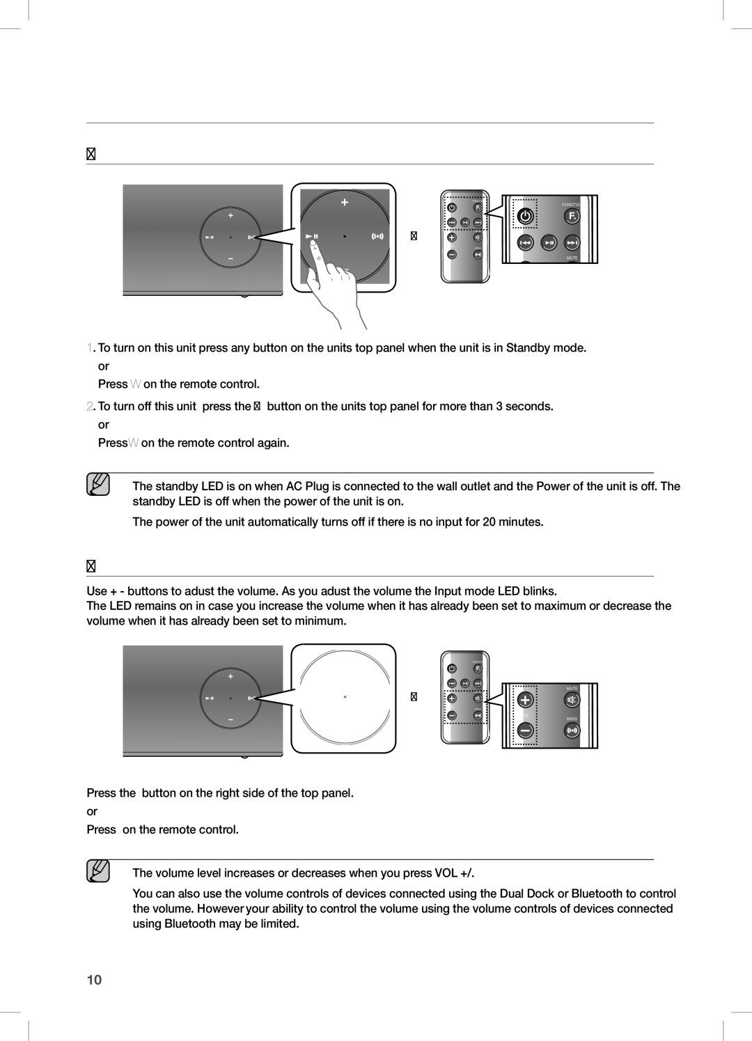 Samsung DA-E570 user manual Power on and volume control, TUrning the PoWer on/off, AdJUsting the VoLUMe 