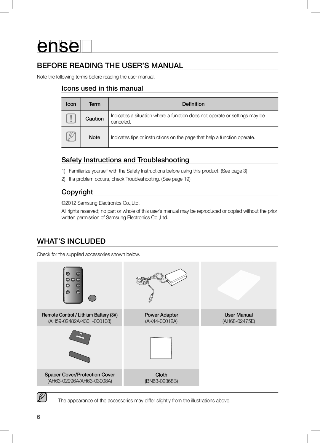 Samsung DA-E570 user manual Getting started, Before Reading the User’s Manual, WHAT’s inclUDED 