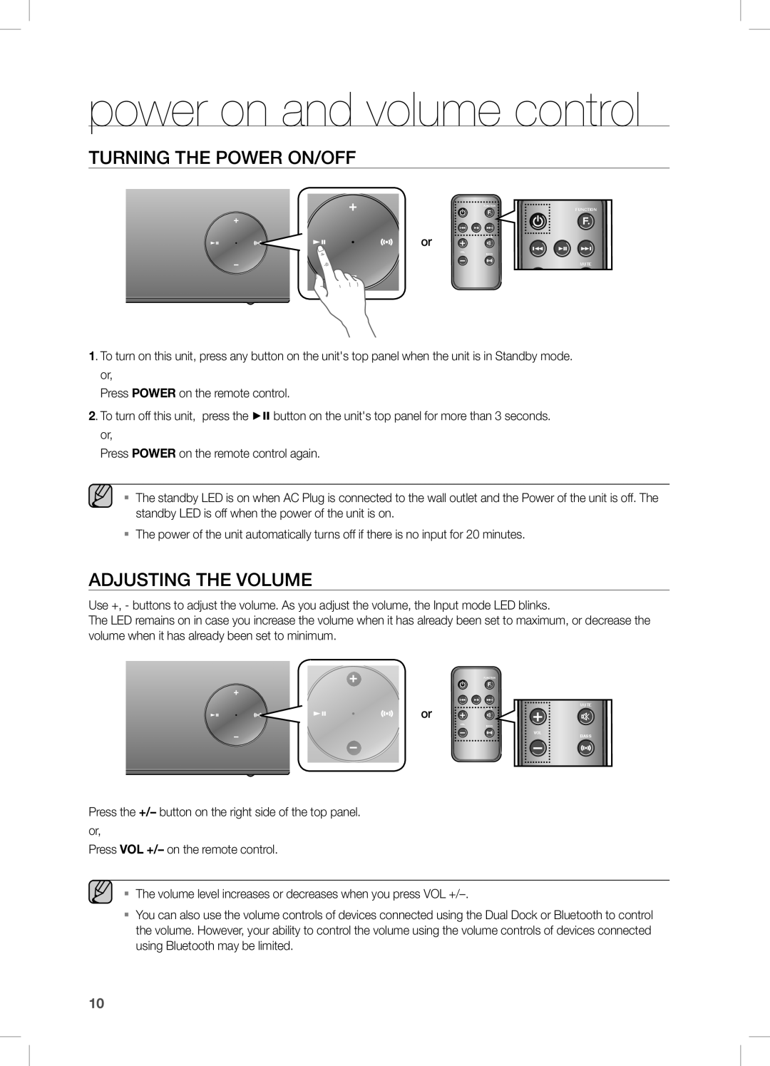 Samsung DA-E570 user manual power on and volume control, tUrning the PoWer on/off, adJUsting the VoLUMe 