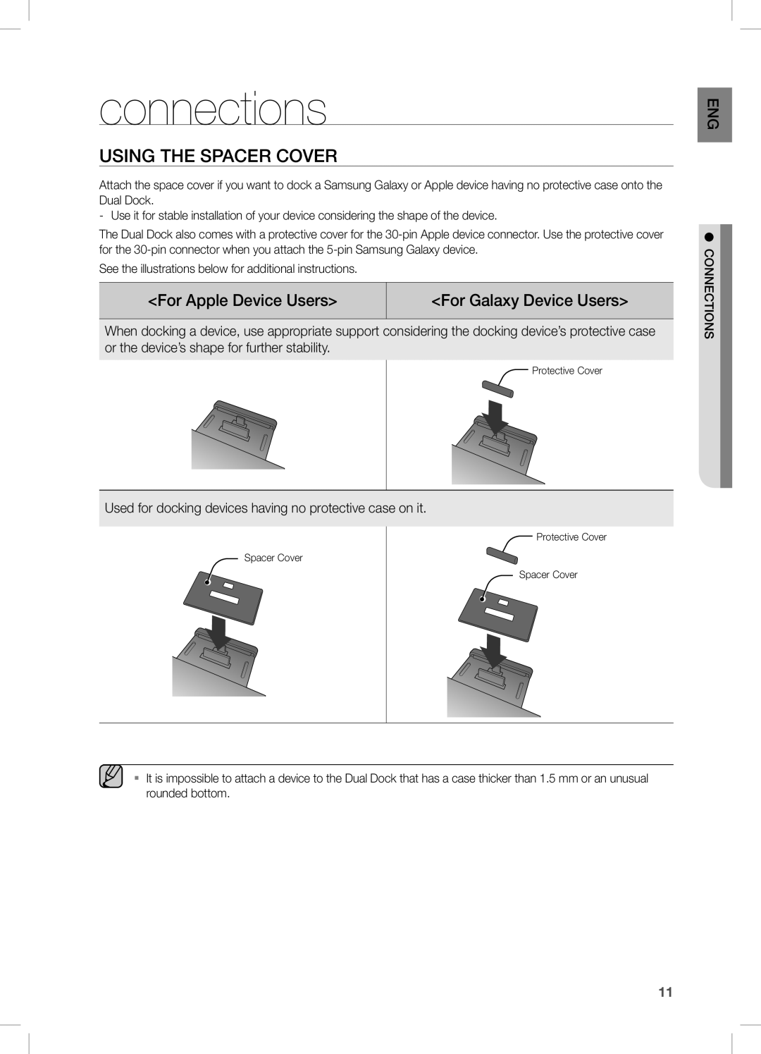 Samsung DA-E570 user manual connections, Using the sPacer coVer, for apple device Users, for galaxy device Users 