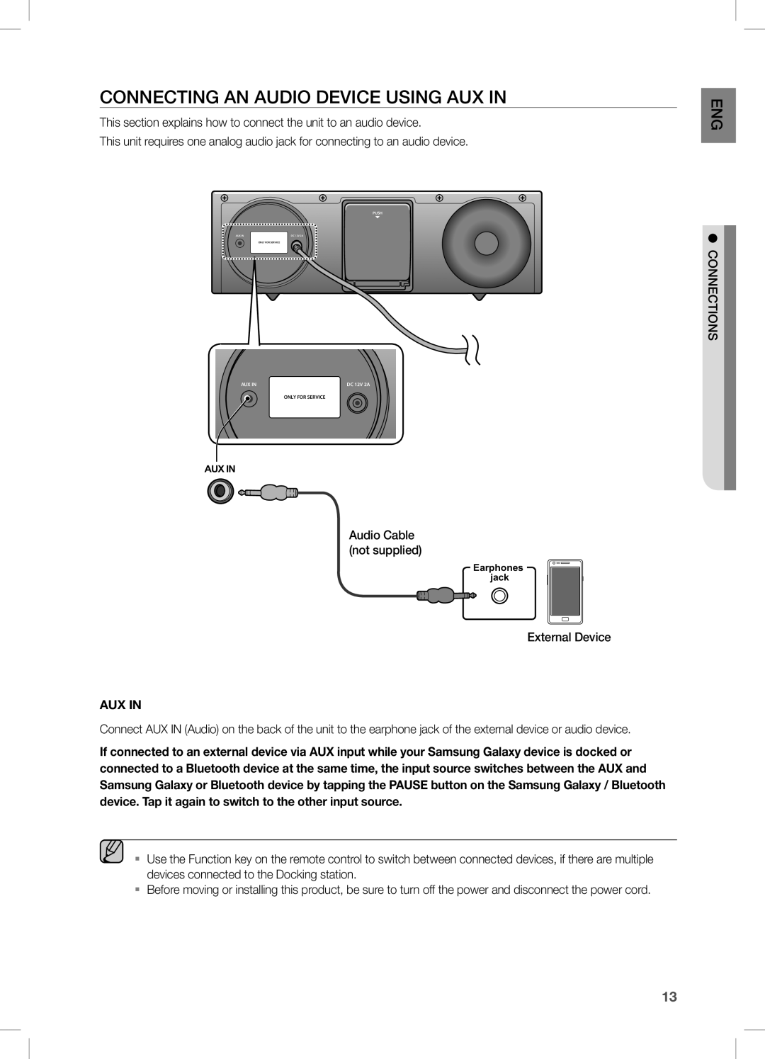 Samsung DA-E570 user manual connecting an aUdio deVice Using aUX in 