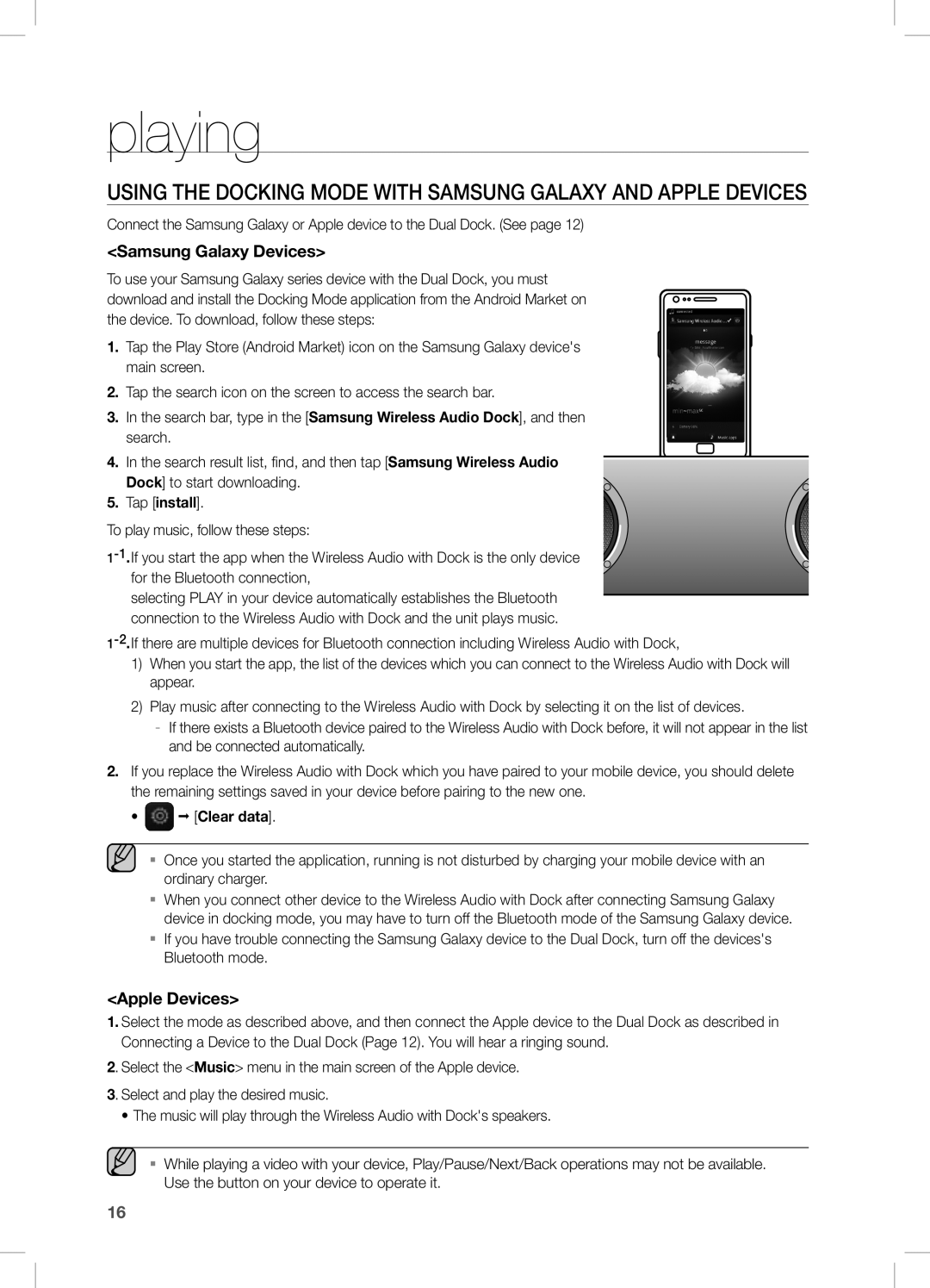 Samsung DA-E570 user manual playing, Samsung Galaxy Devices, Apple Devices 