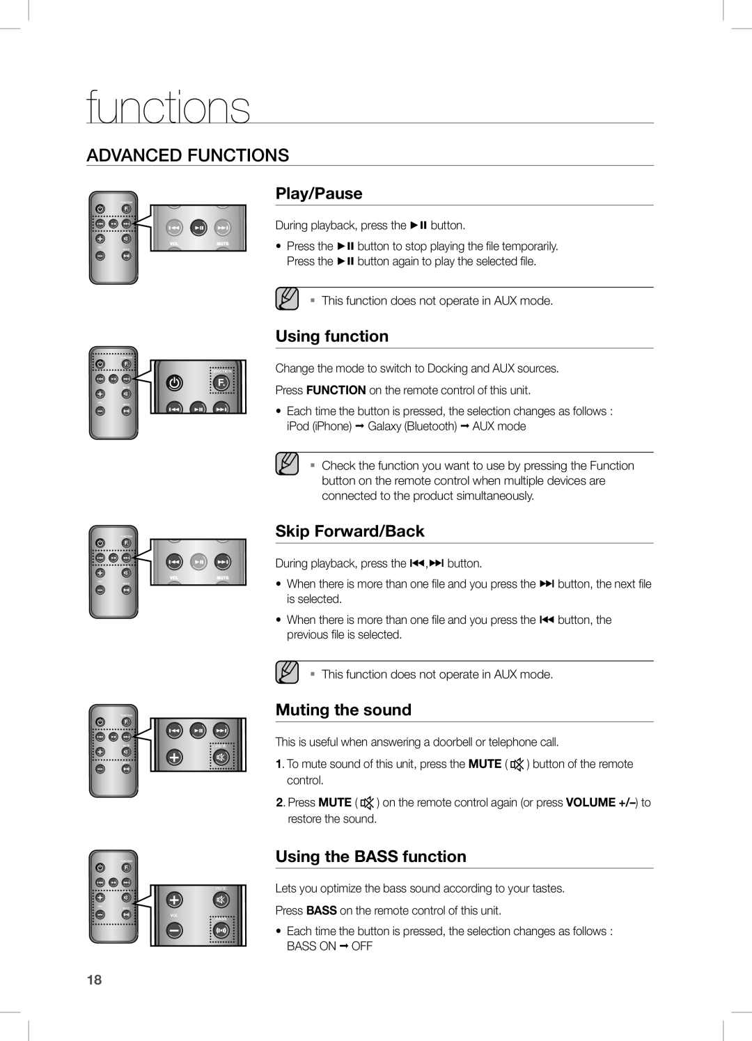 Samsung DA-E570 user manual advanced functions, Play/Pause, Using function, Skip Forward/Back, Muting the sound 