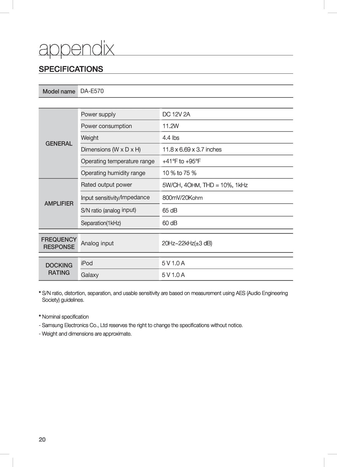 Samsung DA-E570 user manual appendix, Specifications 