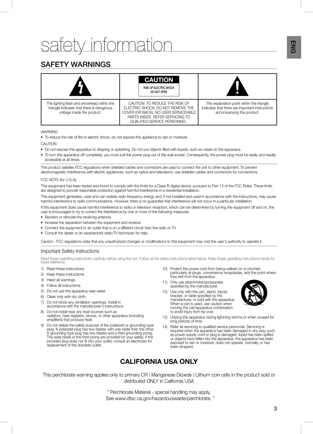 Samsung DA-E570 user manual safety information, Safety Warnings, California Usa Only 