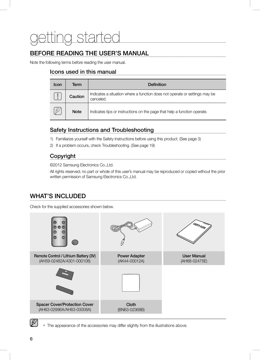 Samsung DA-E570 getting started, WHAT’s inclUDED, Icons used in this manual, Safety Instructions and Troubleshooting 
