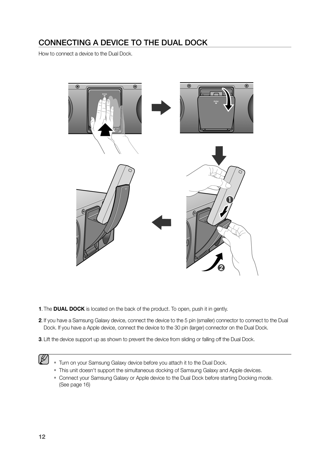 Samsung DA-E570/EN, DA-E570/ZF manual COnnecting a DeVice tO tHe DUaL DOcK 