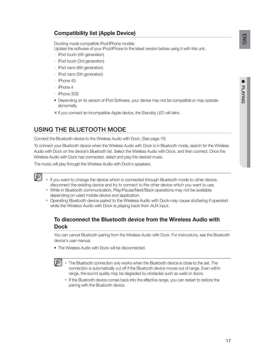 Samsung DA-E570/ZF, DA-E570/EN manual Using the Bluetooth Mode, Compatibility list Apple Device 