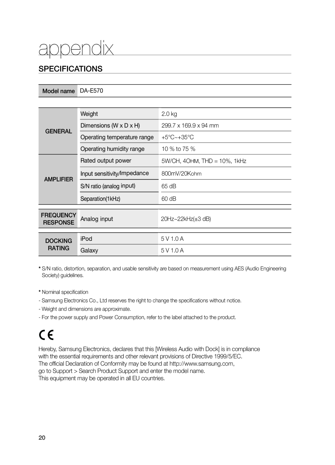 Samsung DA-E570/EN, DA-E570/ZF manual Appendix, Specifications 