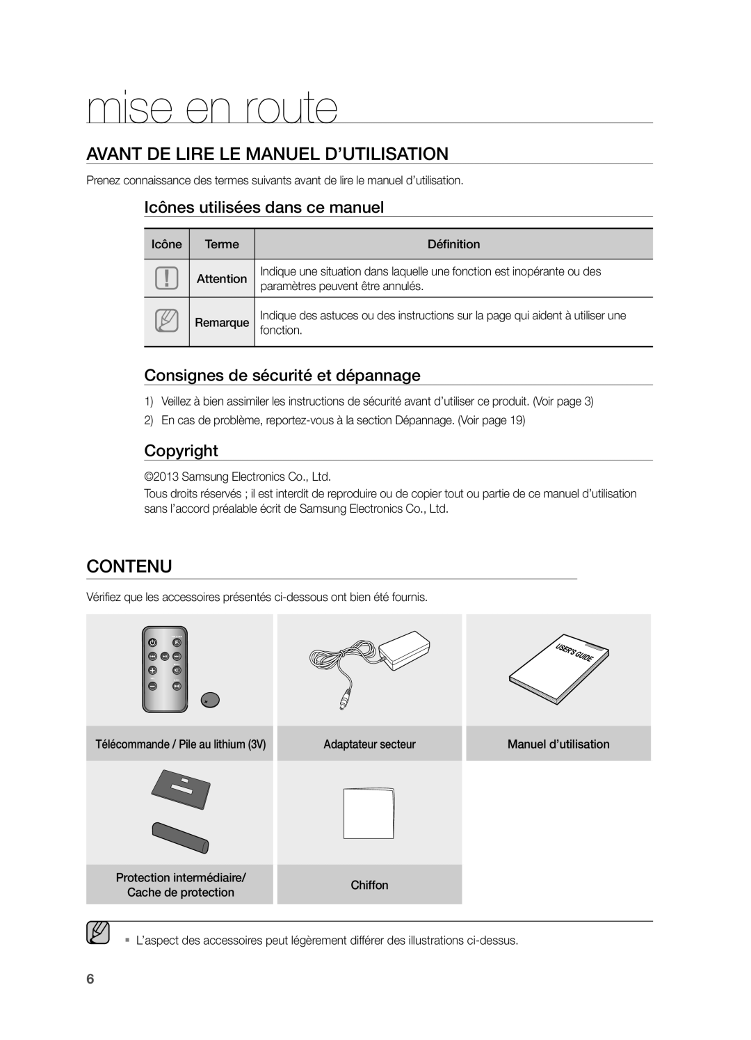 Samsung DA-E570/ZF manual Mise en route, Avant de lire le manuel d’utilisation, Contenu, Icônes utilisées dans ce manuel 