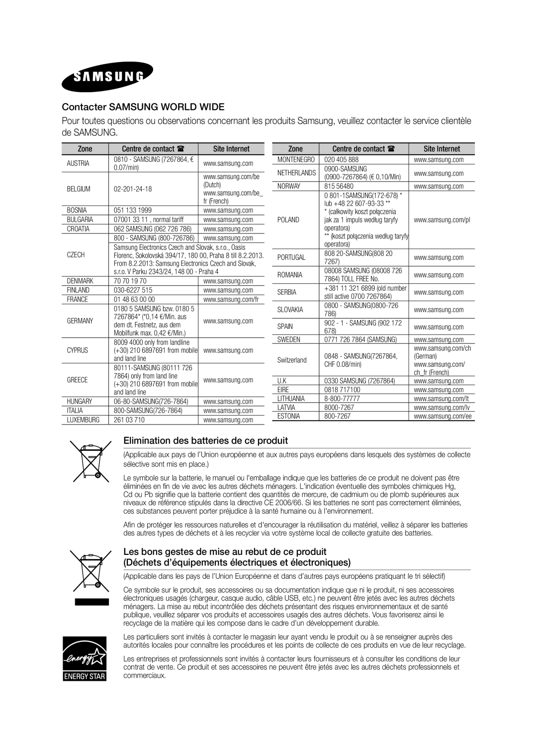 Samsung DA-E570/EN, DA-E570/ZF manual Elimination des batteries de ce produit 