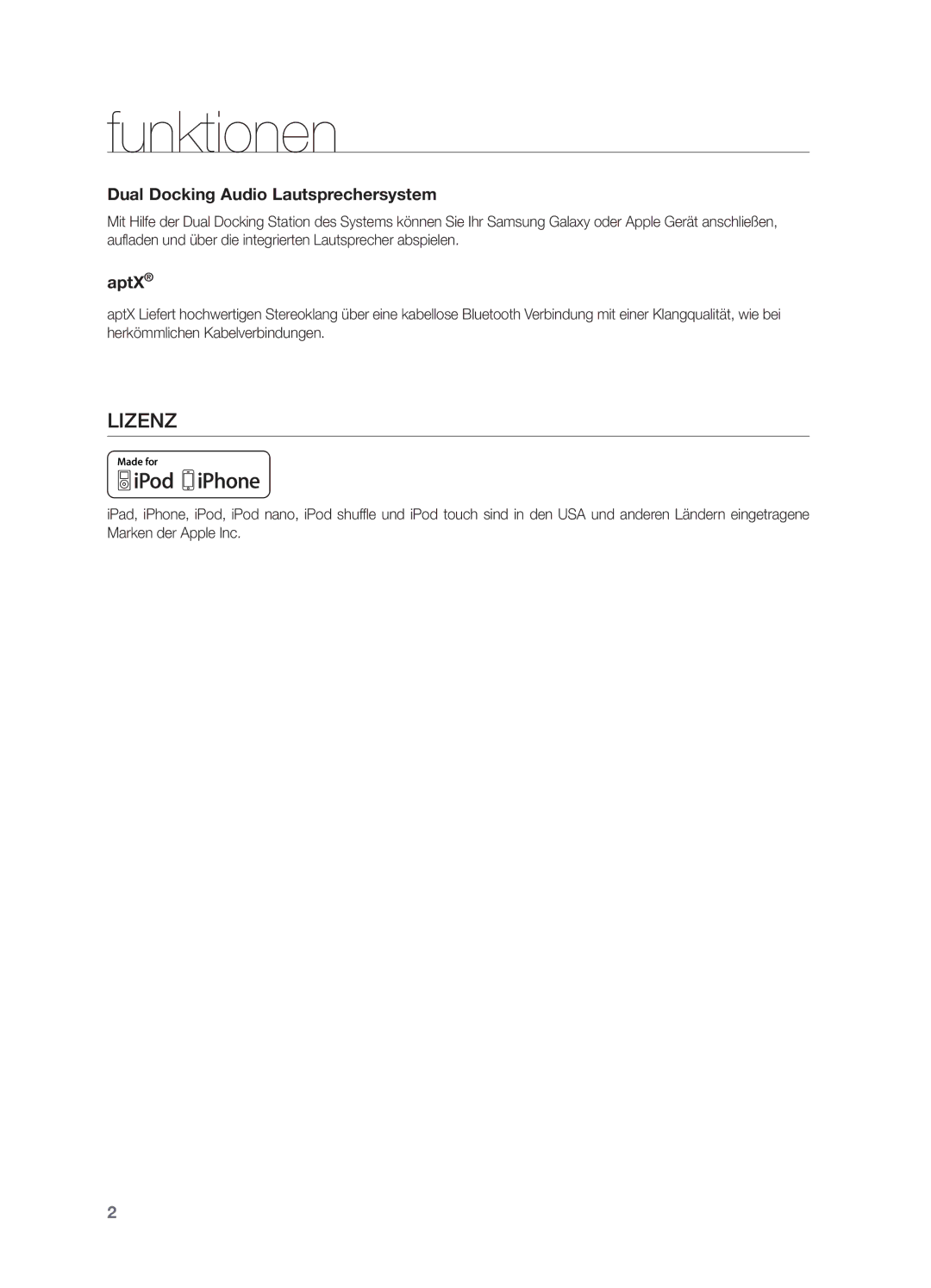 Samsung DA-E570/EN, DA-E570/ZF manual Funktionen, Lizenz, Dual Docking Audio Lautsprechersystem 