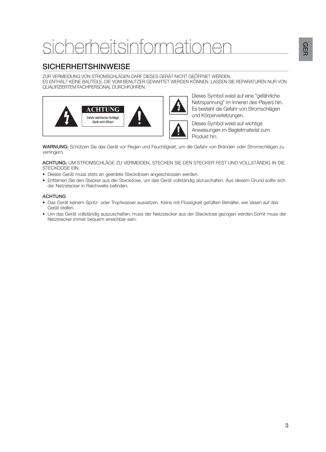 Samsung DA-E570/ZF, DA-E570/EN manual Sicherheitsinformationen, Sicherheitshinweise 