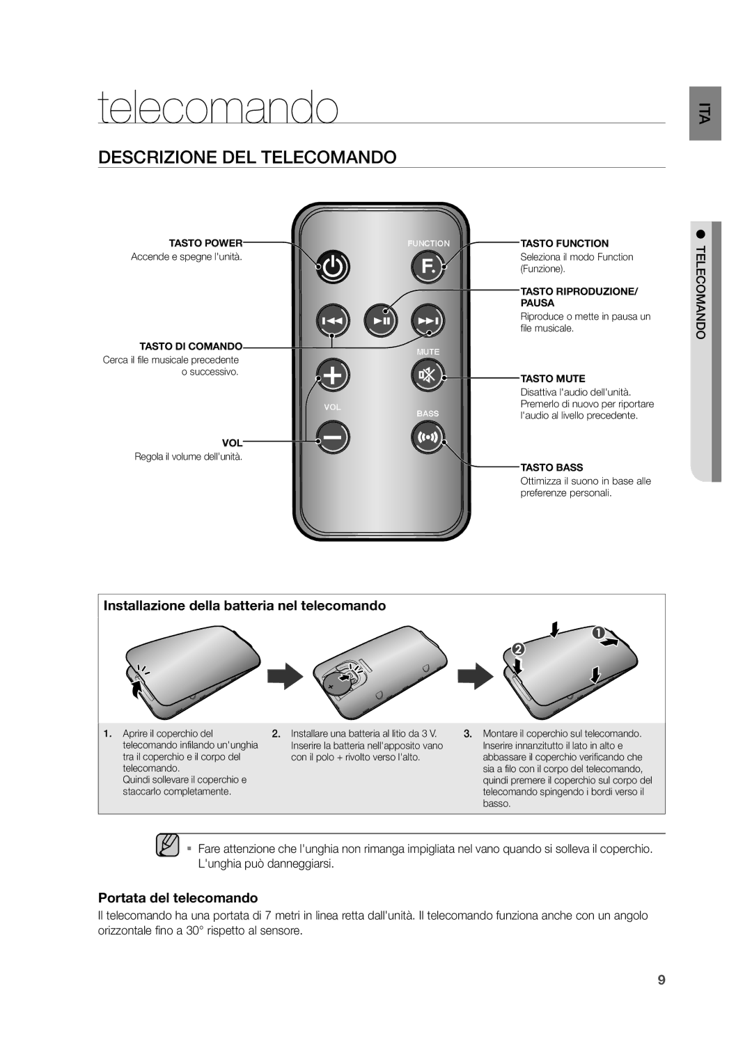 Samsung DA-E570/EN Descrizione DEL Telecomando, Installazione della batteria nel telecomando, Portata del telecomando 