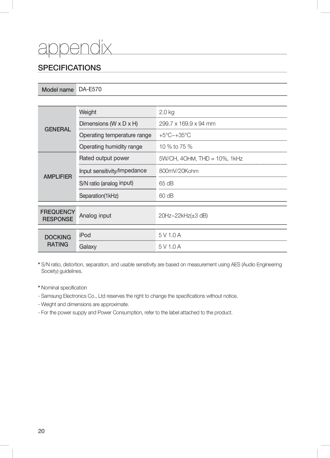 Samsung DA-E570/SQ manual Appendix, Specifications 